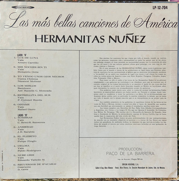 Hermanitas Núñez : Las Más Bellas Canciones de  América  (LP, Album, Mono)