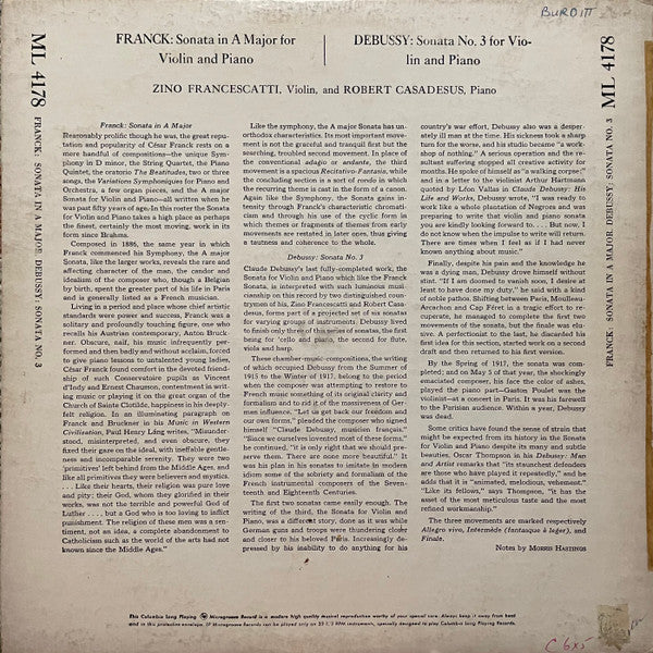 César Franck / Claude Debussy - Zino Francescatti, Robert Casadesus : Sonata In A Major / Sonata No. 3 (LP, Mono, RP, 6-e)