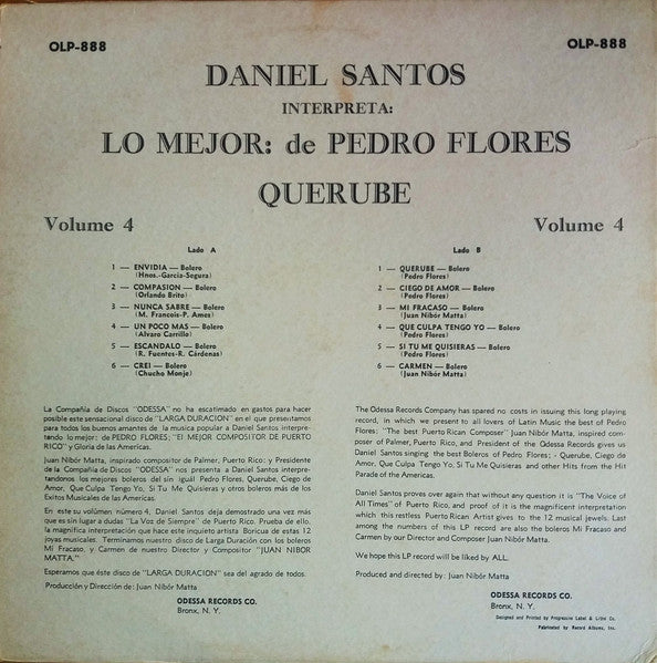 Daniel Santos : Interpreta: Lo Mejor: de Pedro Flores  Volume 4 (LP, Album)