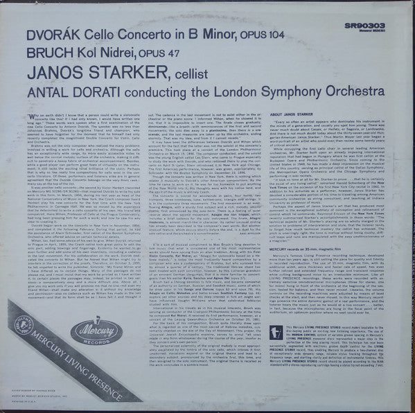 Janos Starker, Dvořák*, Bruch*, Antal Dorati Conducting London Symphony Orchestra : Cello Concerto In B Minor, Op. 104 / Kol Nidrei, Op. 47 (LP, Album, RE)