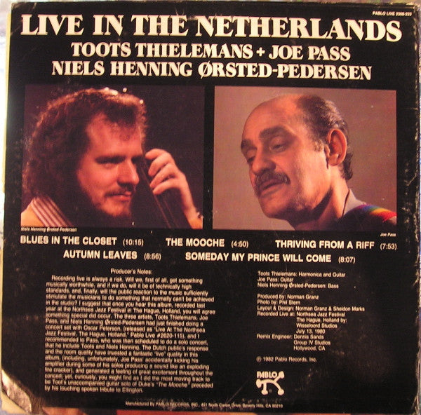 Toots Thielemans + Joe Pass + Niels Henning Ørsted-Pedersen* : Live In The Netherlands (LP, Album)