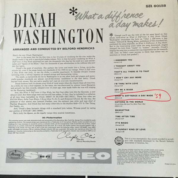 Dinah Washington : What A Diff'rence A Day Makes! (LP, Album, RE)