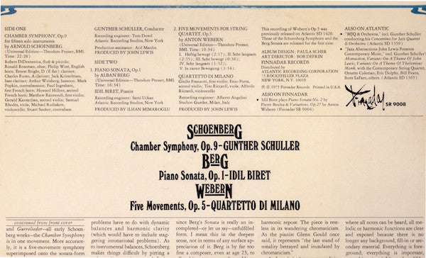 Arnold Schoenberg / Alban Berg / Anton Webern - Gunther Schuller / Idil Biret / Quartetto Di Milano : Chamber Symphony, Op. 9 / Piano Sonata, Op. 1 /  Five Movements, Op. 5 (LP, Album)