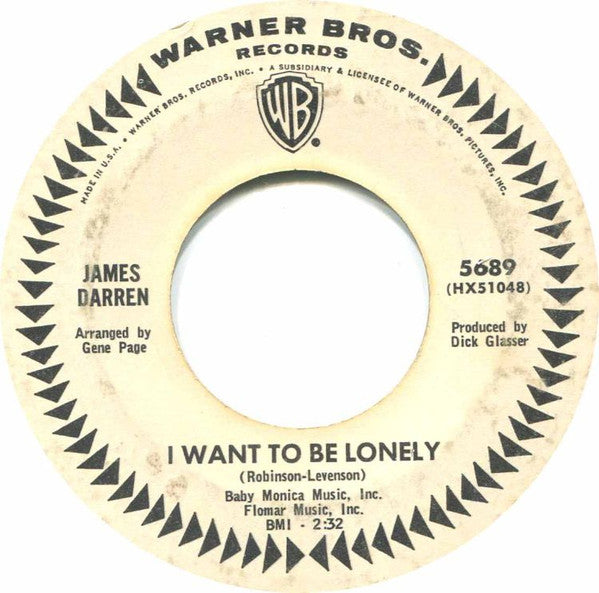 James Darren : Tom Hawk / I Want To Be Lonely (7", Promo)