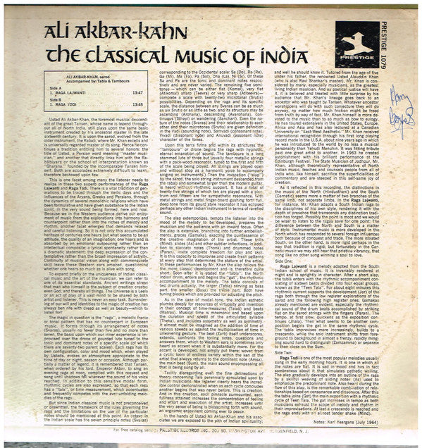 Ali Akbar Khan : The Classical Music Of India (LP, Album, Mono)