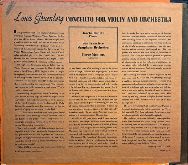 Gruenberg* - Jascha Heifetz, San Francisco Symphony Orchestra*, Pierre Monteux : Violin Concerto (Opus 47) (4xShellac, 12", Album)