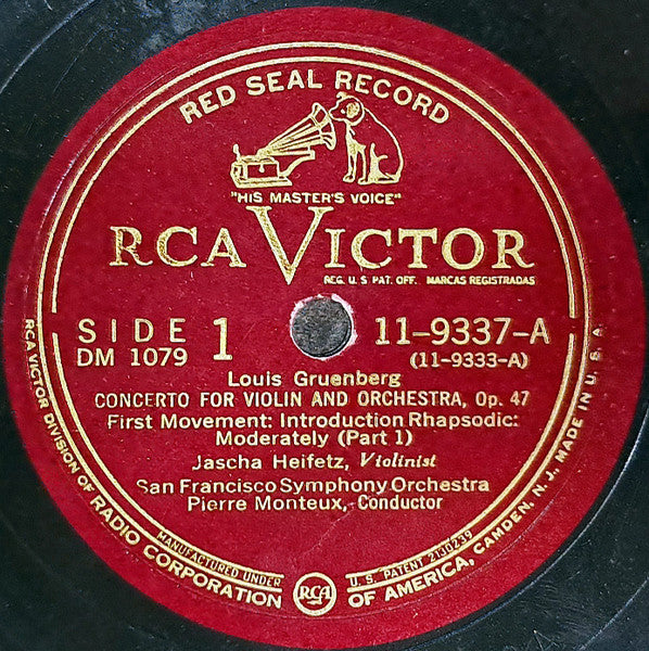 Gruenberg* - Jascha Heifetz, San Francisco Symphony Orchestra*, Pierre Monteux : Violin Concerto (Opus 47) (4xShellac, 12", Album)