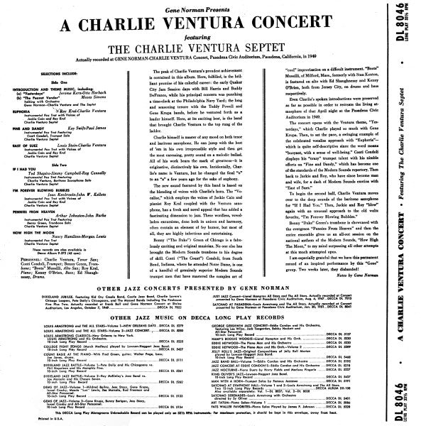 Gene Norman Presents Charlie Ventura Featuring The Charlie Ventura Septet, Jackie Cain, Roy Kral* : Gene Norman Presents A Charlie Ventura Concert (LP, Album)
