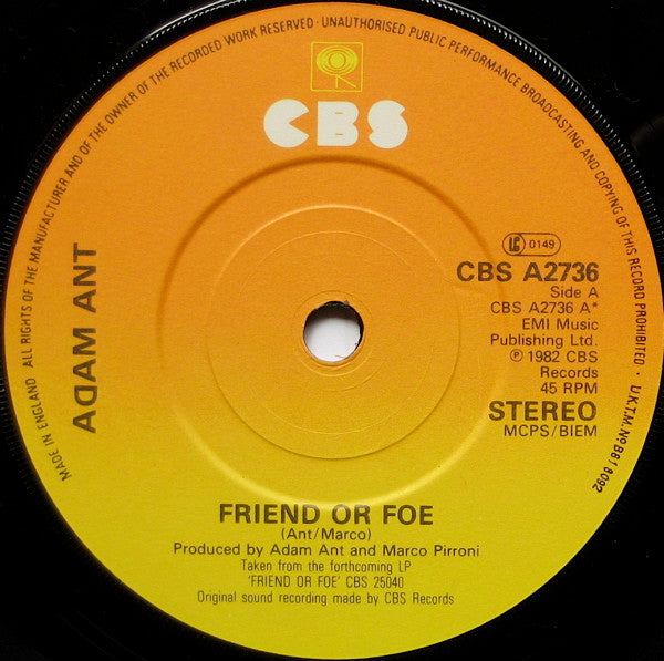 Adam Ant : Friend Or Foe (7", Single, Pap)