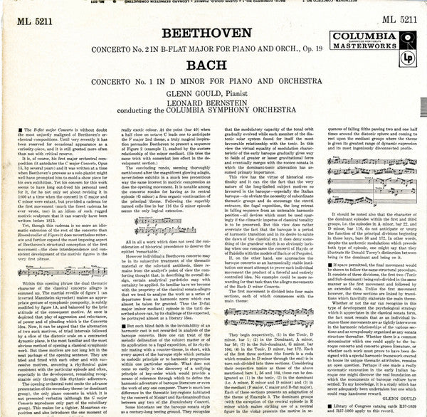 Glenn Gould, Leonard Bernstein Conducting The Columbia Symphony Orchestra - Beethoven* / Bach* : Concerto No. 2 In B-Flat Major For Piano And Orchestra, Op. 19 / Concerto No. 1 In D Minor For Piano And Orchestra (LP, Album, Mono, No )