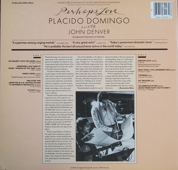 Placido Domingo With John Denver : Perhaps Love (LP, Album, Hal)