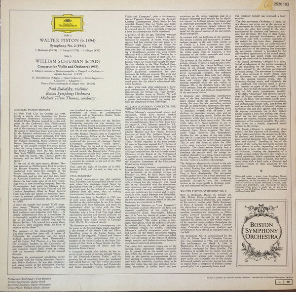 William Schuman / Walter Piston - Paul Zukofsky, Boston Symphony Orchestra • Michael Tilson Thomas : Violin Concerto / Symphony No. 2 (LP)