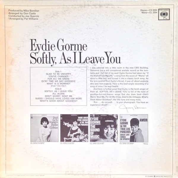 Eydie Gorme* : Softly, As I Leave You (LP, Album, Mono)