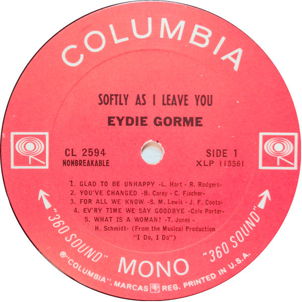 Eydie Gorme* : Softly, As I Leave You (LP, Album, Mono)