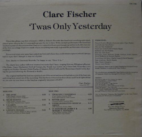 Clare Fischer : 'Twas Only Yesterday (LP, Album, RE)