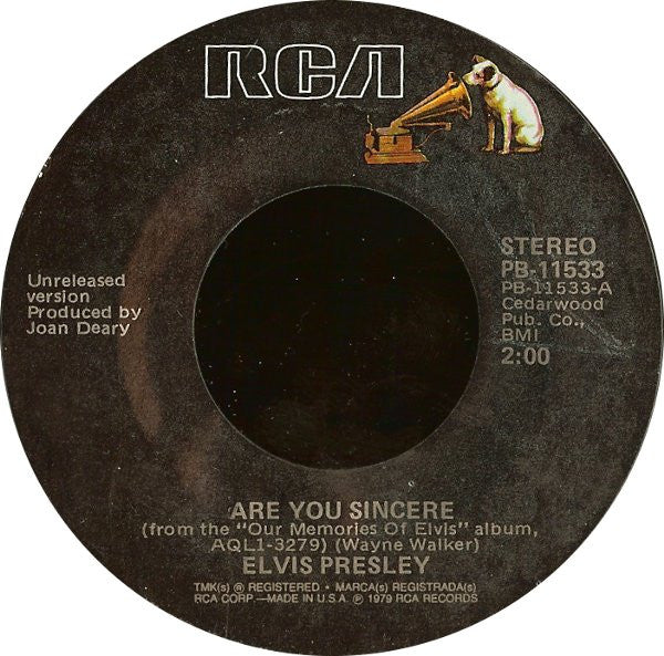 Elvis Presley : Are You Sincere / Solitaire (7", Single)