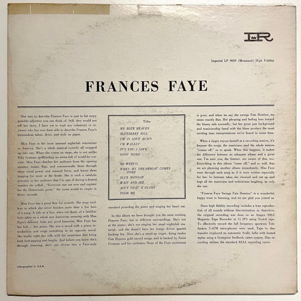Frances Faye : Frances Faye Swings Fats Domino (LP, Mono)