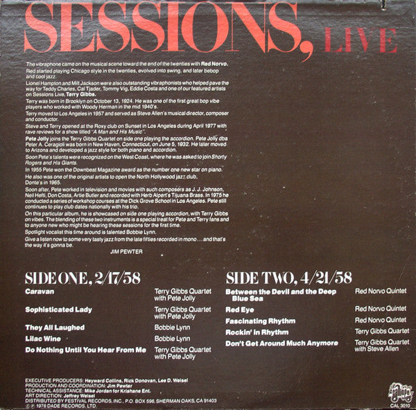 Terry Gibbs, Pete Jolly And Red Norvo : Sessions, Live (LP)