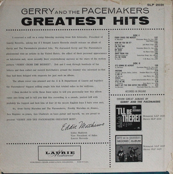 Gerry & The Pacemakers : Gerry And The Pacemakers Greatest Hits (LP, Comp, Mon)