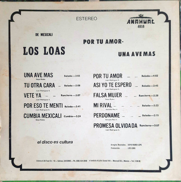 Los Loas De Mexicali* : Una Ave Mas Por Tu Amor (LP, Album)