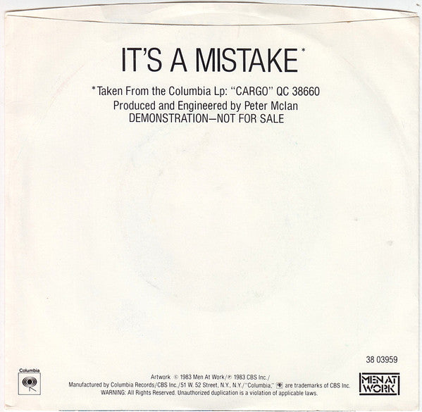 Men At Work : It's A Mistake (7", Single, Promo, Styrene)