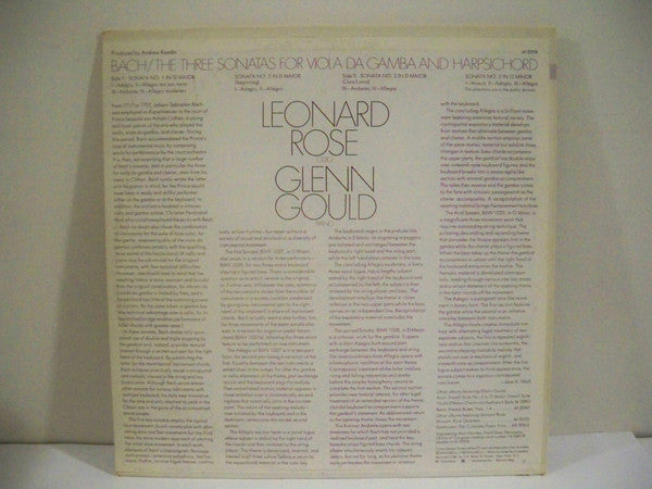Bach* / Leonard Rose, Glenn Gould : The Three Sonatas For Viola Da Gamba And Harpsichord (LP, Album)