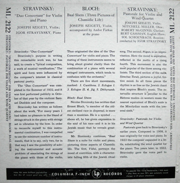 Stravinsky* ‧ Bloch* / Joseph Szigeti : Duo Concertant ‧ Baal Shem ‧ Pastorale (10", Mono)