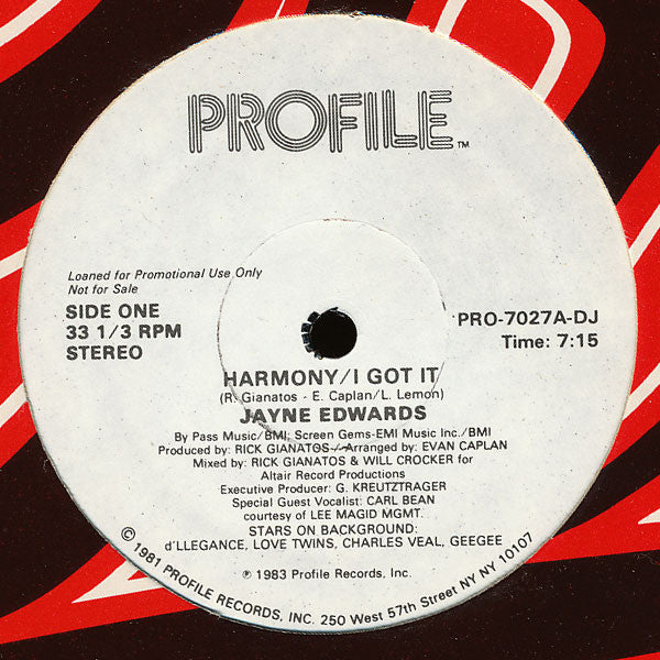 Jayne Edwards : Harmony / I Got It (12", Single, Promo)