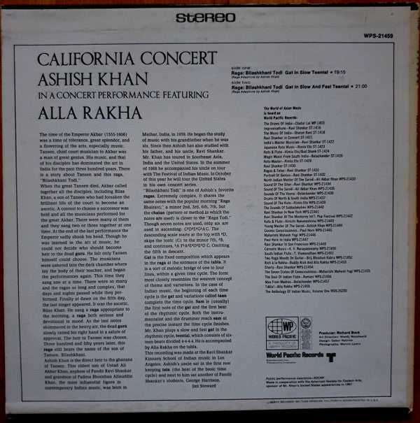 Aashish Khan & Alla Rakha : California Concert (LP)