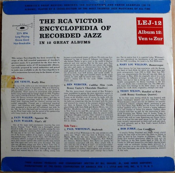Various : The RCA Victor Encyclopedia Of Recorded Jazz: Album 12 Ven-Z (10", Comp)