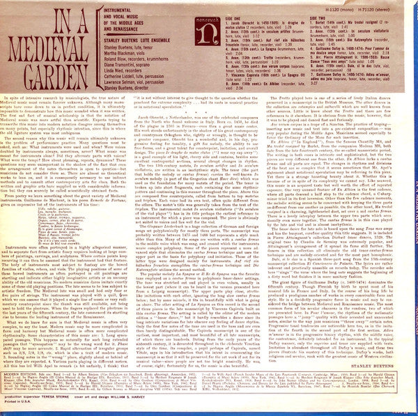 Stanley Buetens Lute Ensemble : In A Medieval Garden: Instrumental And Vocal Music Of The Middle Ages And Renaissance (LP, Album, RP, Spe)