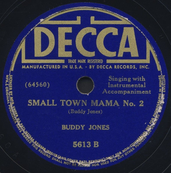 Buddy Jones (2) : She's Sellin' What She Used To Give Away / Small Town Mama No. 2 (Shellac, 10")