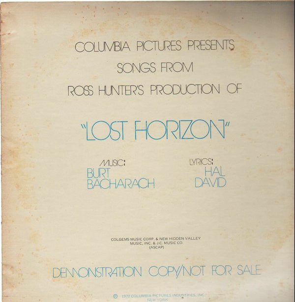 Bacharach And David : Columbia Pictures Presents Songs From Ross Hunter's Production Of Lost Horizon (LP, Promo, Blu)