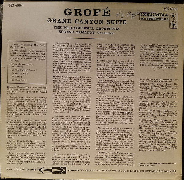Ferde Grofé, Eugene Ormandy / The Philadelphia Orchestra : Grand Canyon Suite (LP, Album, Bri)