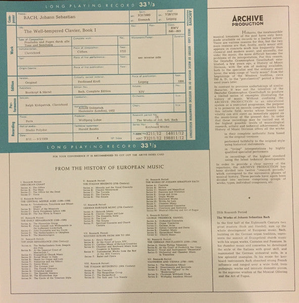 Johann Sebastian Bach - Ralph Kirkpatrick : Das Wohltemperierte Clavier, 1.Teil (2xLP + Box)