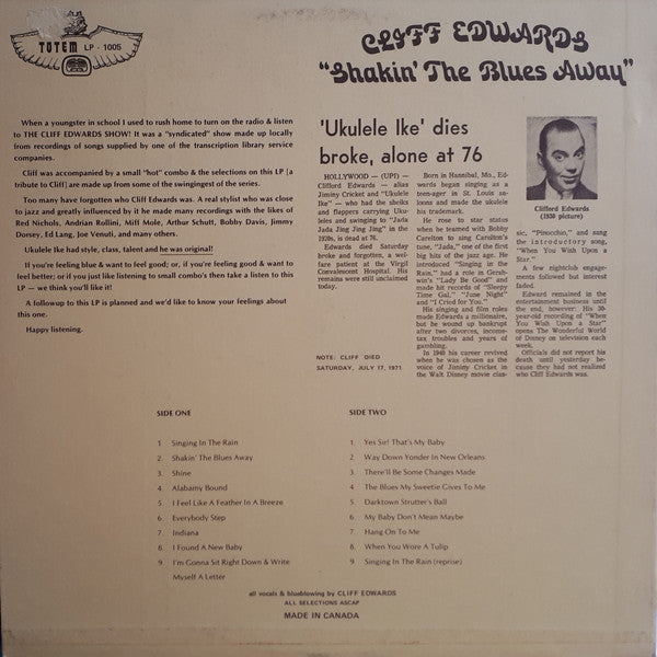 Cliff "Ukulele Ike" Edwards : Shakin' The Blues Away (LP, Ltd)
