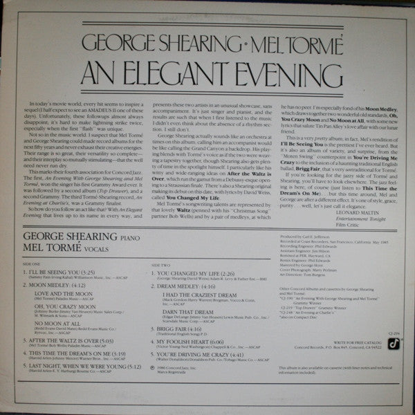 George Shearing • Mel Tormé : An Elegant Evening (LP, Album)