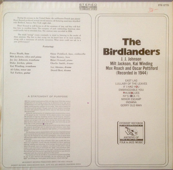 The Birdlanders / J.J. Johnson, Milt Jackson, Kai Winding, Max Roach And Oscar Pettiford : The Birdlanders (Recorded In 1944) (LP, Album, RE)
