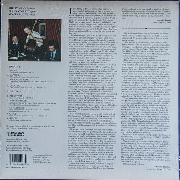The Shelly Manne Trio* : The Shelly Manne Trio In Zurich (LP, Album)