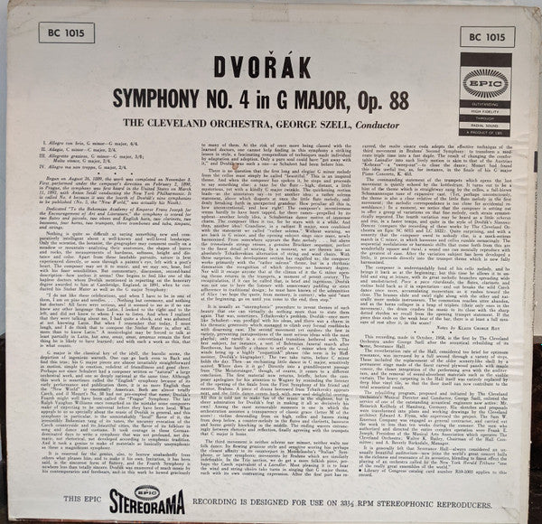 Dvořák*, George Szell, The Cleveland Orchestra : Symphony No. 4 In G Major, Op.88 (LP)