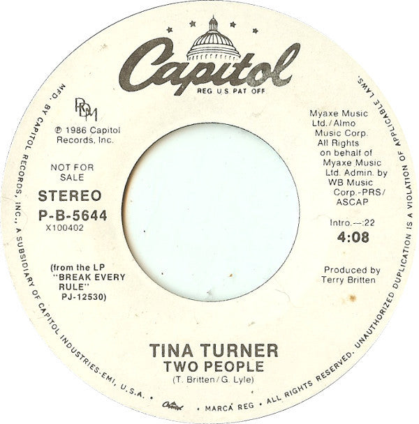 Tina Turner : Two People (7", Single, Promo, Styrene)