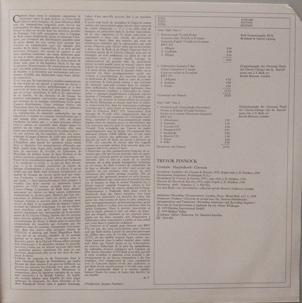 Johann Sebastian Bach - Trevor Pinnock : Italienisches Konzert = Italian Concerto = Concerto Italien • Französische Ouvertüre = French Overture = Ouverture Française (LP)