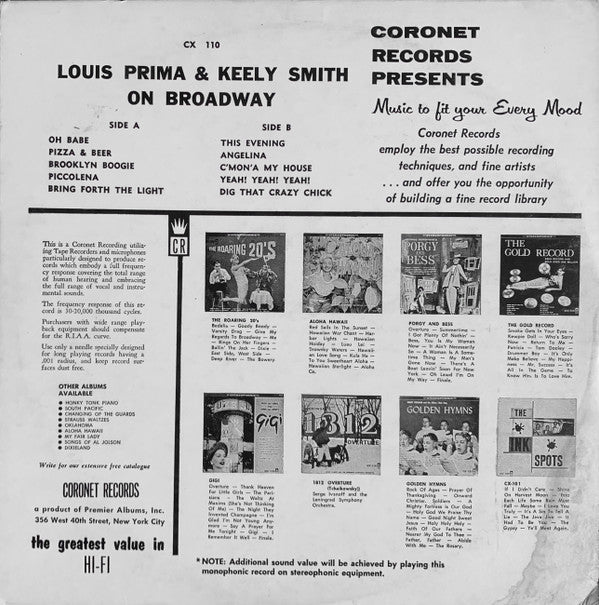 Louis Prima & Keely Smith : Louis Prima & Keeley Smith On Broadway (LP, Album, Mono)