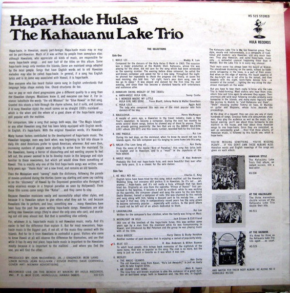 The Kahauanu Lake Trio : Hapa-Haole Hulas (LP, Album)