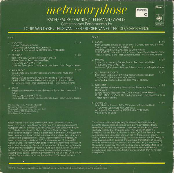 Louis van Dijk, Thijs van Leer, Rogier van Otterloo, Chris Hinze : Metamorphose (LP, Album, Comp)