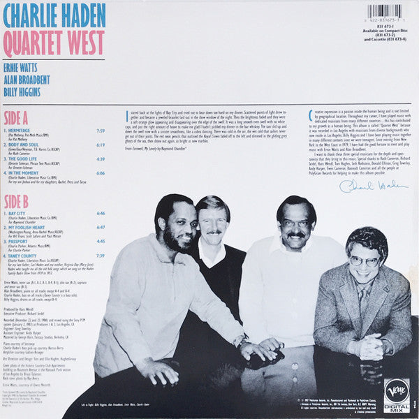 Charlie Haden, Ernie Watts, Alan Broadbent, Billy Higgins : Quartet West (LP, Album)