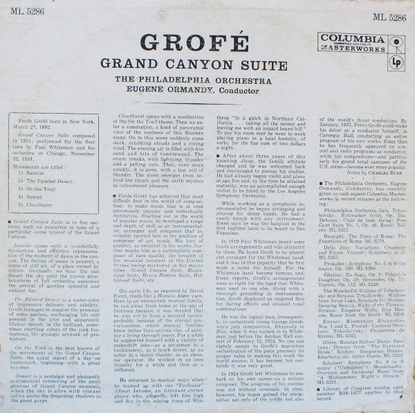 Grofé*, Eugene Ormandy / The Philadelphia Orchestra : Grand Canyon Suite (LP, Album, Mono, Pit)