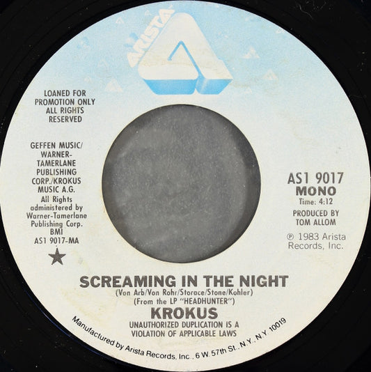Krokus : Screaming In The Night (7", Single, Mono, Promo, Styrene)