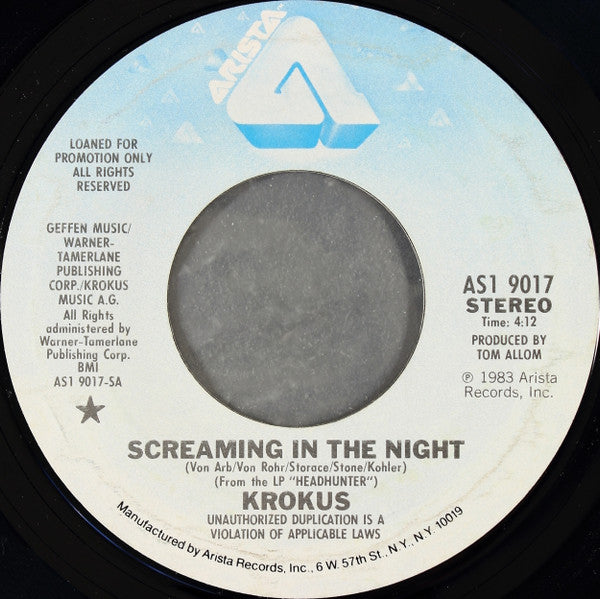 Krokus : Screaming In The Night (7", Single, Mono, Promo, Styrene)