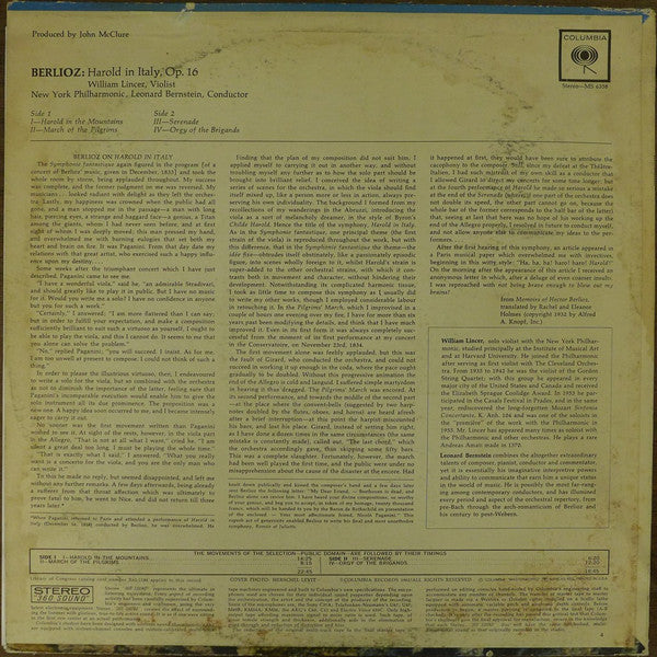Berlioz* - Leonard Bernstein, New York Philharmonic, William Lincer : Harold In Italy  (LP)